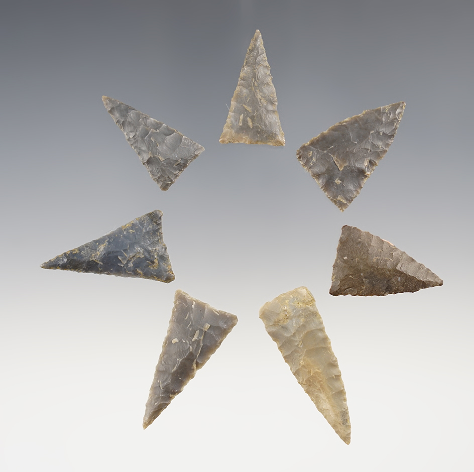 Set of 7 nice Triangles found in Indiana. Ex. Dan Pearce collection. The largest is 1 9/16".