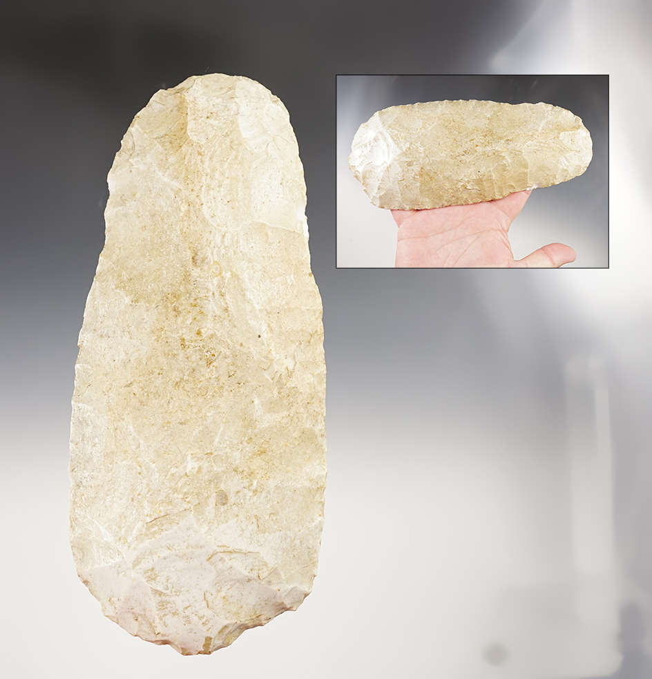 8 1/2" Flint Hoe found in Saline Co., Missouri. Excellent use polish to the bit area.