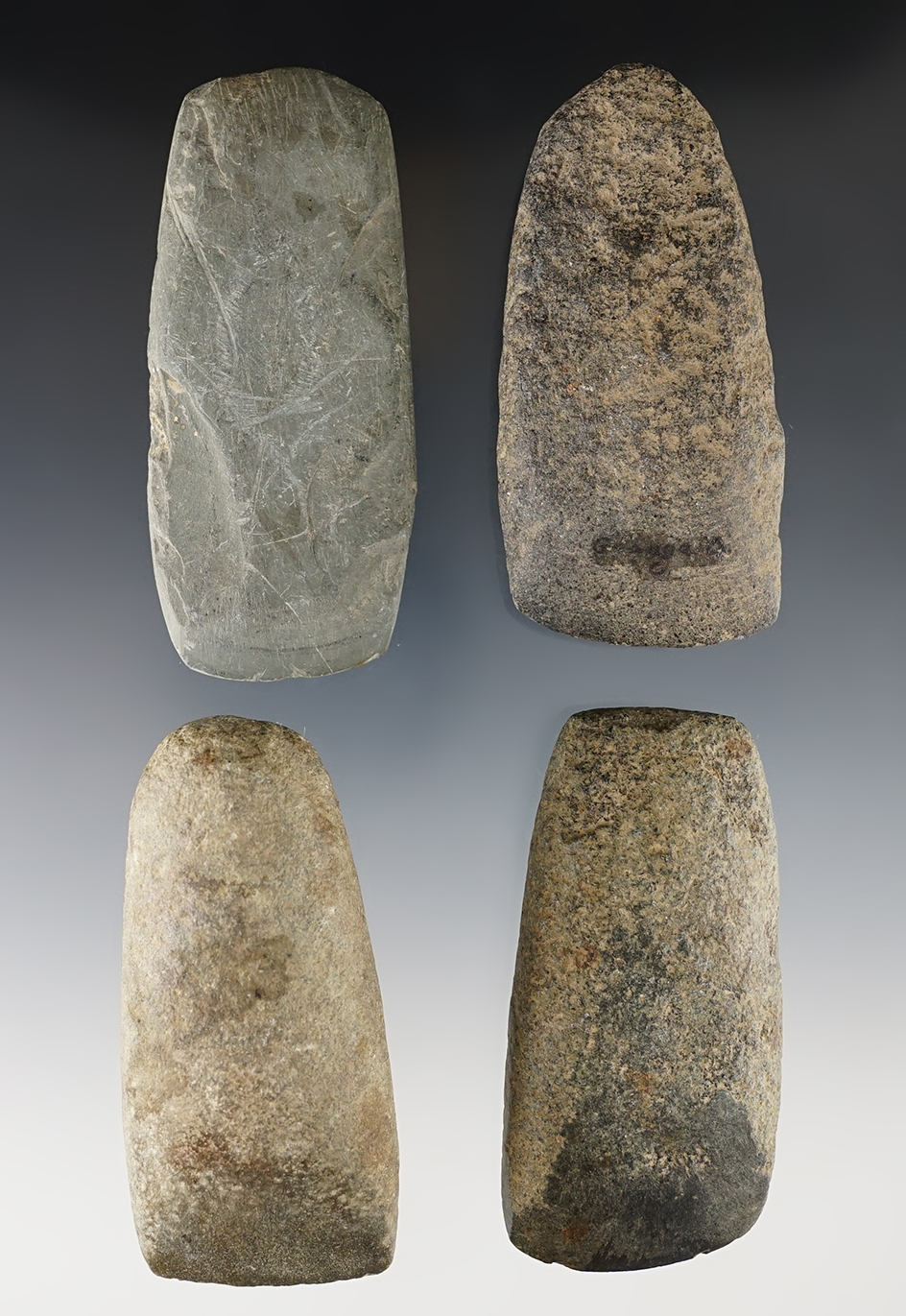 Set of 3 Hardstone Celts and 1 made from slate. Found in Ohio. The largest is 4 1/4".