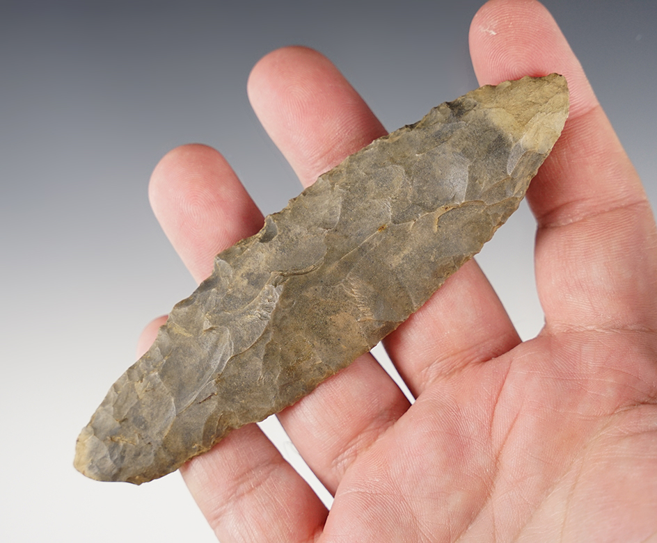 4 7/8" Indiana Adena Point made from patinated hornstone.