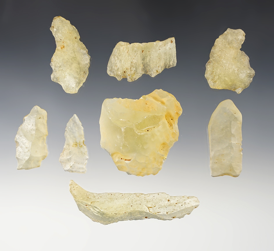 RARE!! Set of 8 very rare Libyan Desert Glass artifacts. The largest is 3 1/8". 
