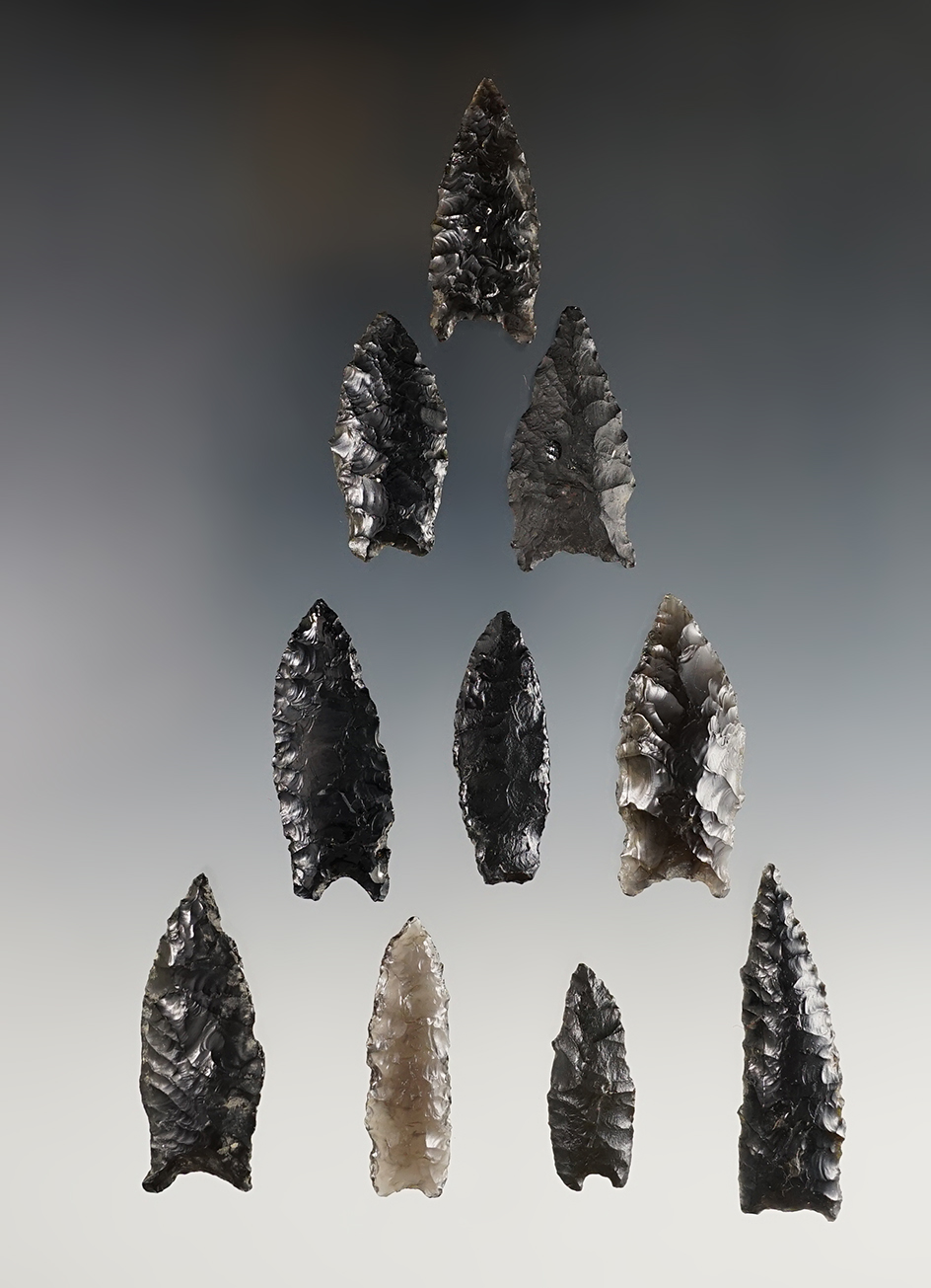 Set of 10 well made Obsidian Points - California & Oregon. Largest is 3 5/16".