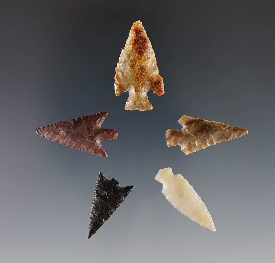 Set of 5 nicely made Columbia River Points. Ex. Frank Wilke. The largest is 1 1/4".