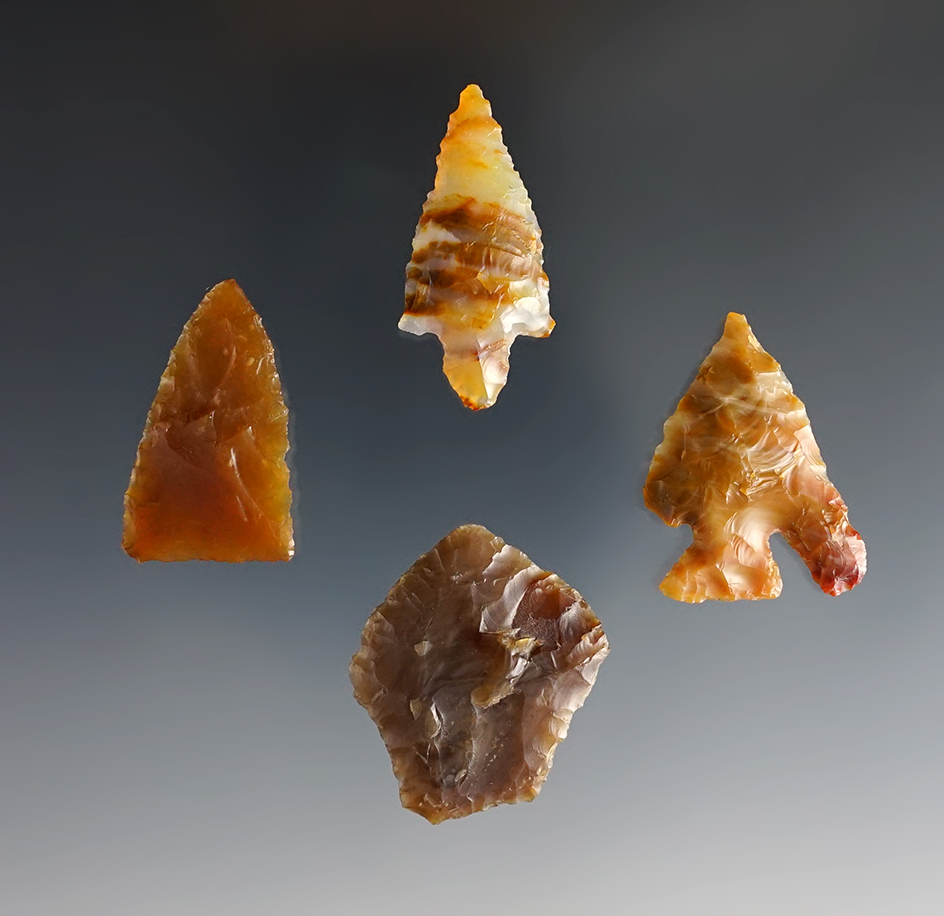 Set of 4 colorful Columbia River Points. Ex. Frank Wilke. The largest is 1 5/16".