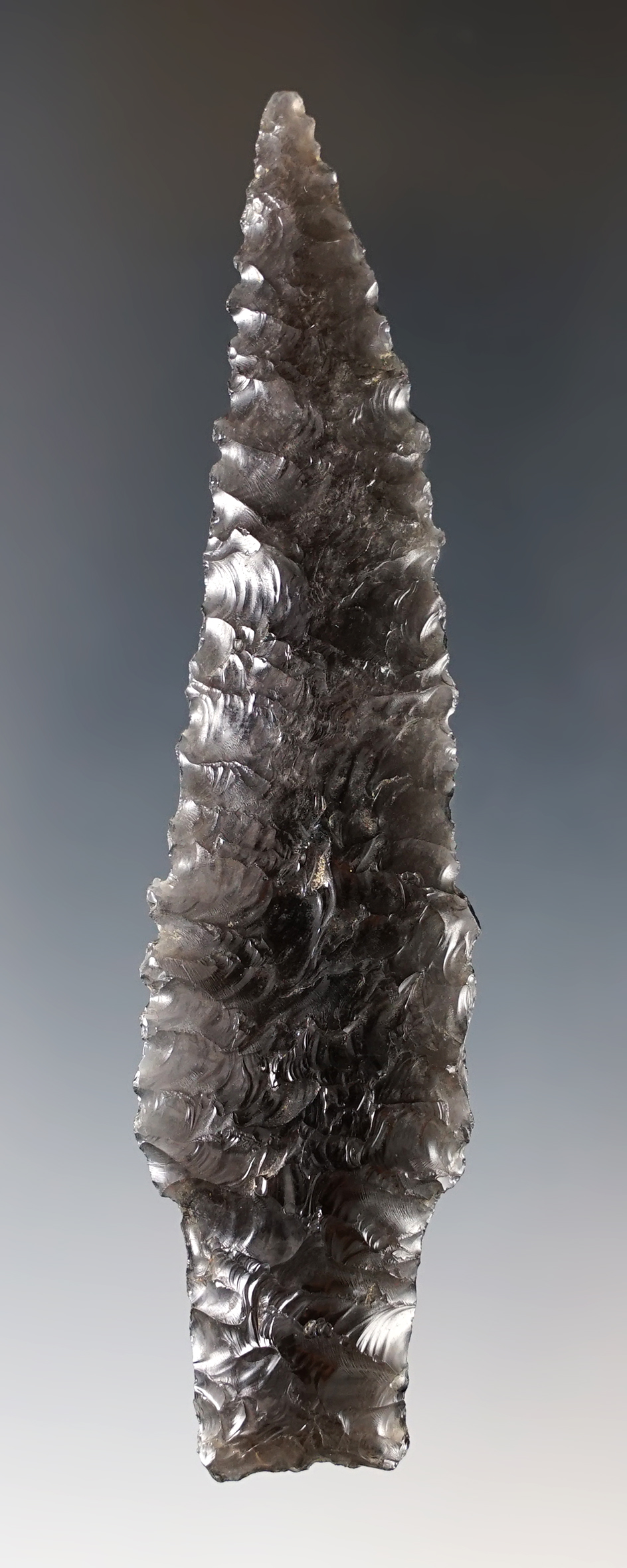 Exceptional! Obsidian Knife with excellent flaking and great serrations. Oregon. Ex. C.L. Pugh.