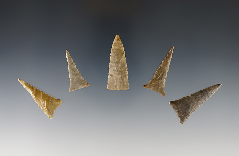 Set of 5 finely flaked Triangles found in the Kentucky/Tennessee area. The largest is 1 5/8".
