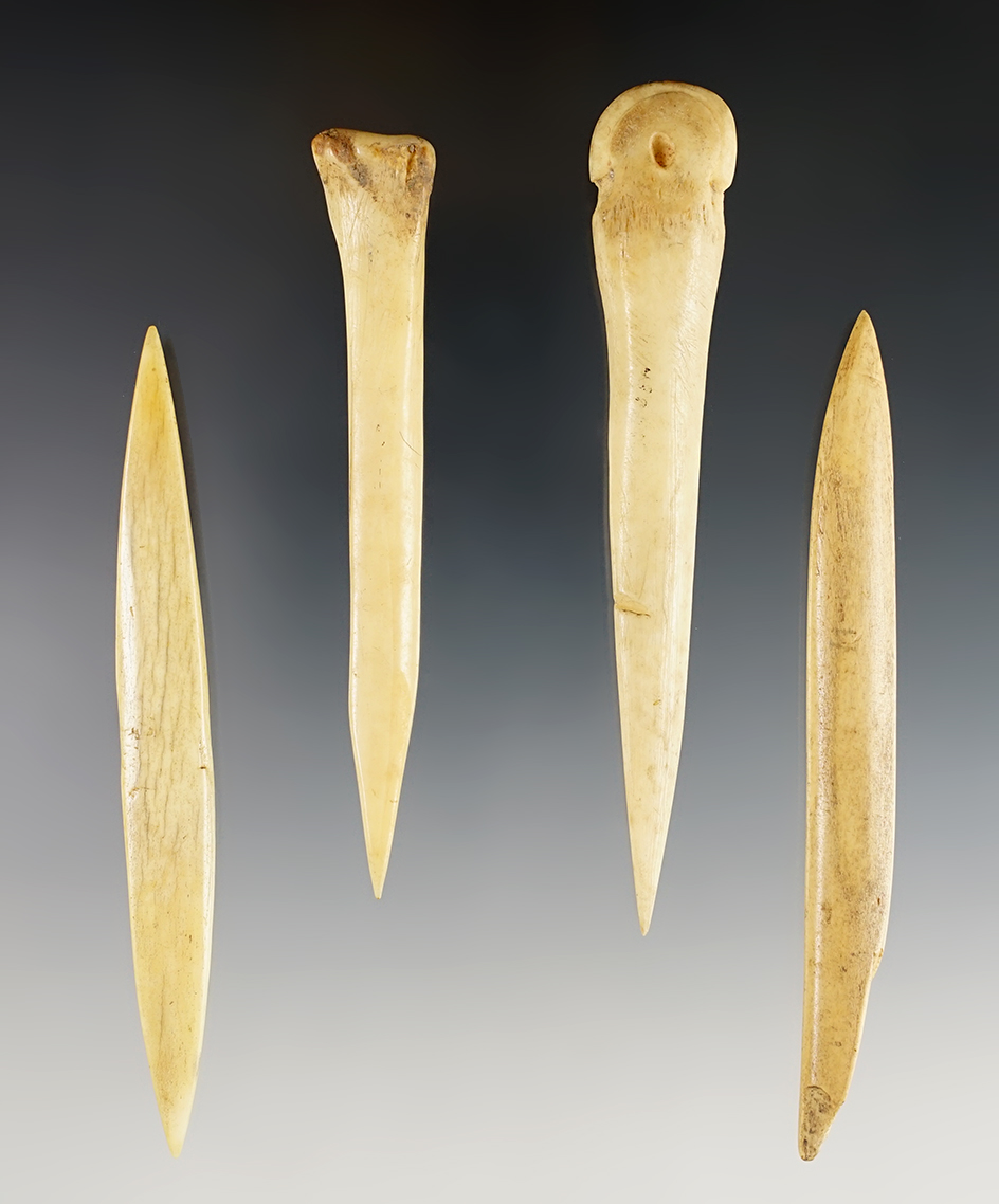 Set of 4 Bone Awls found at Kepps Island, Montezuma Swamp, New York. The largest is 4 1/2".