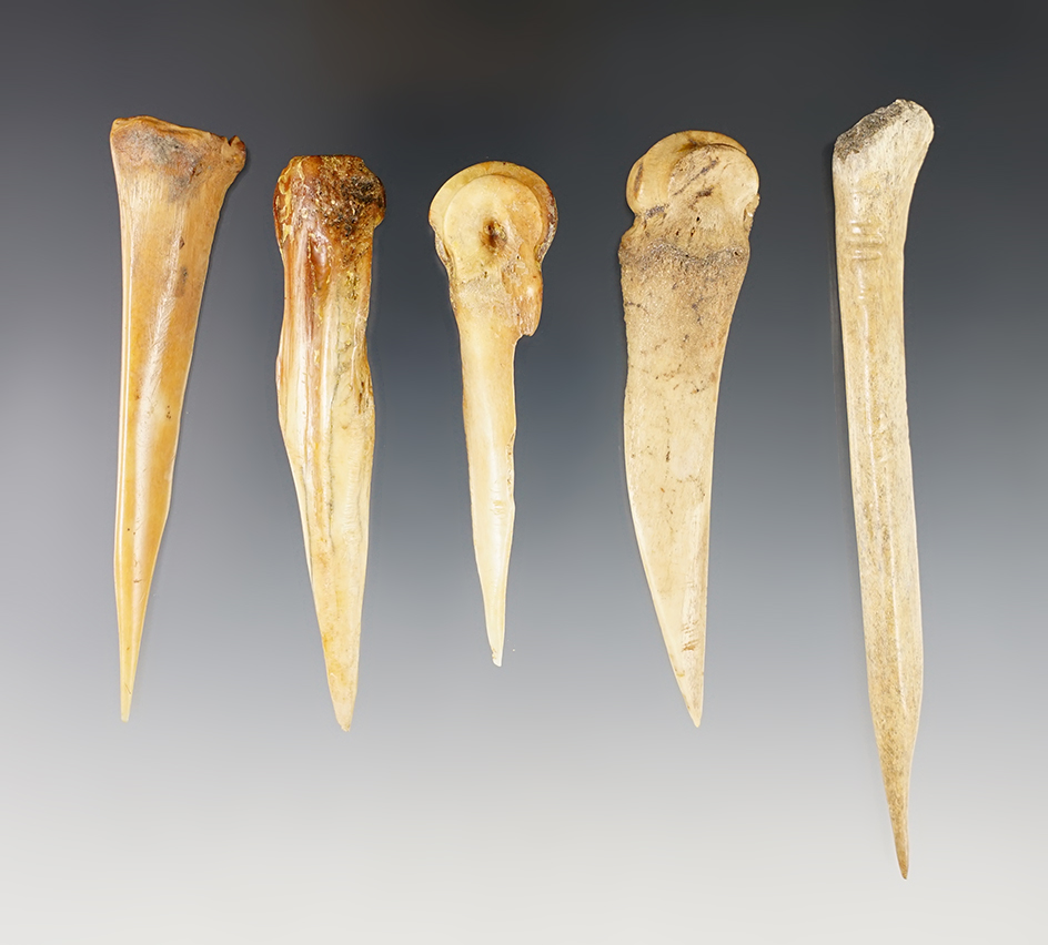 Set of 5 nice California Bone Awls. The largest is 4 3/4".