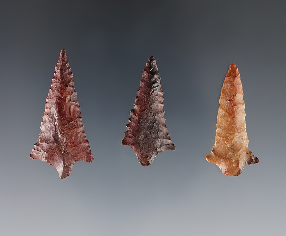 Set of 3 Rabbit Island Points found near the Columbia River. Largest is 1 9/16". Ex. Gene Favell.