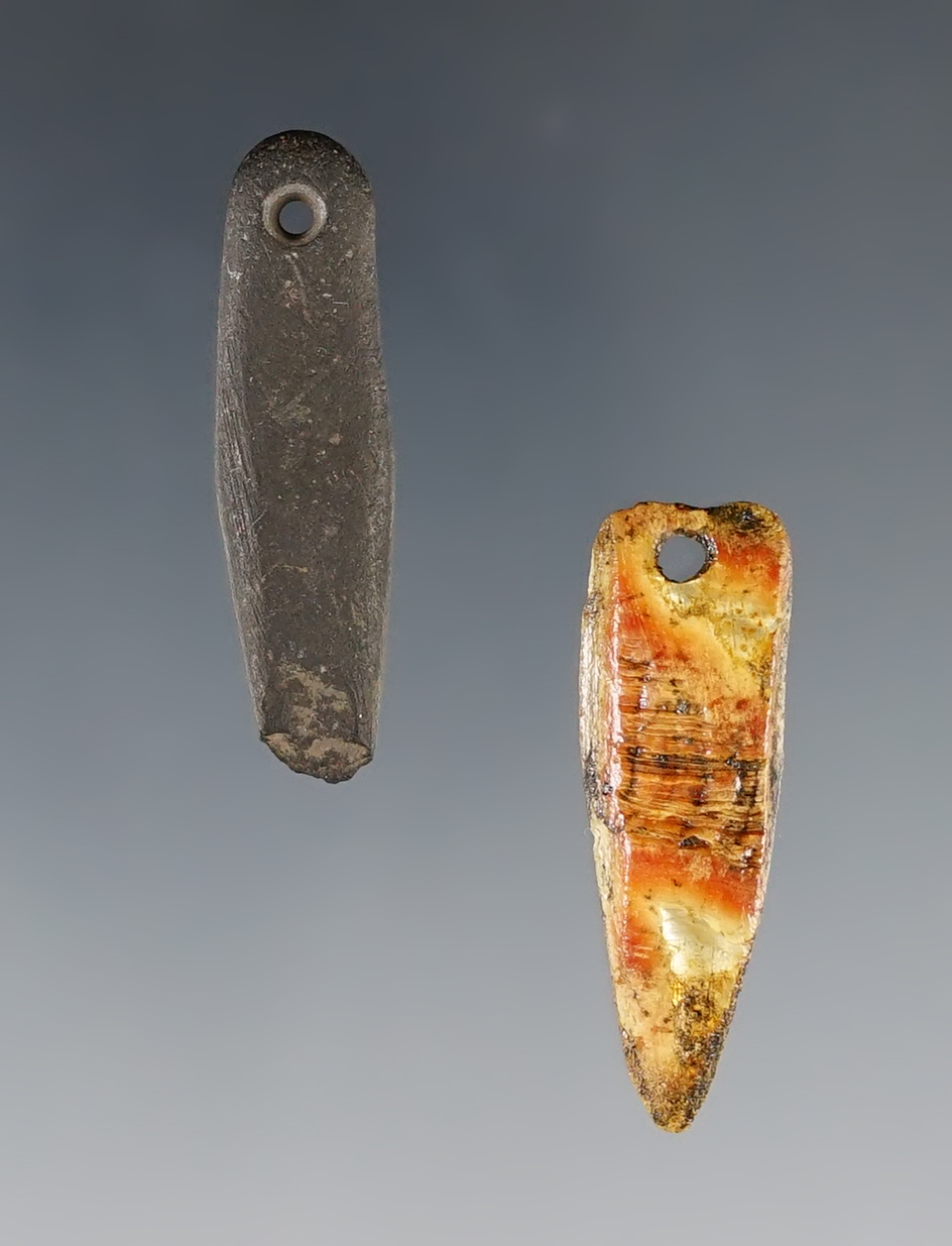 Pair of pendants, one is shell, one is stone. Largest is 1 3/8". Sacramento Valley, California.