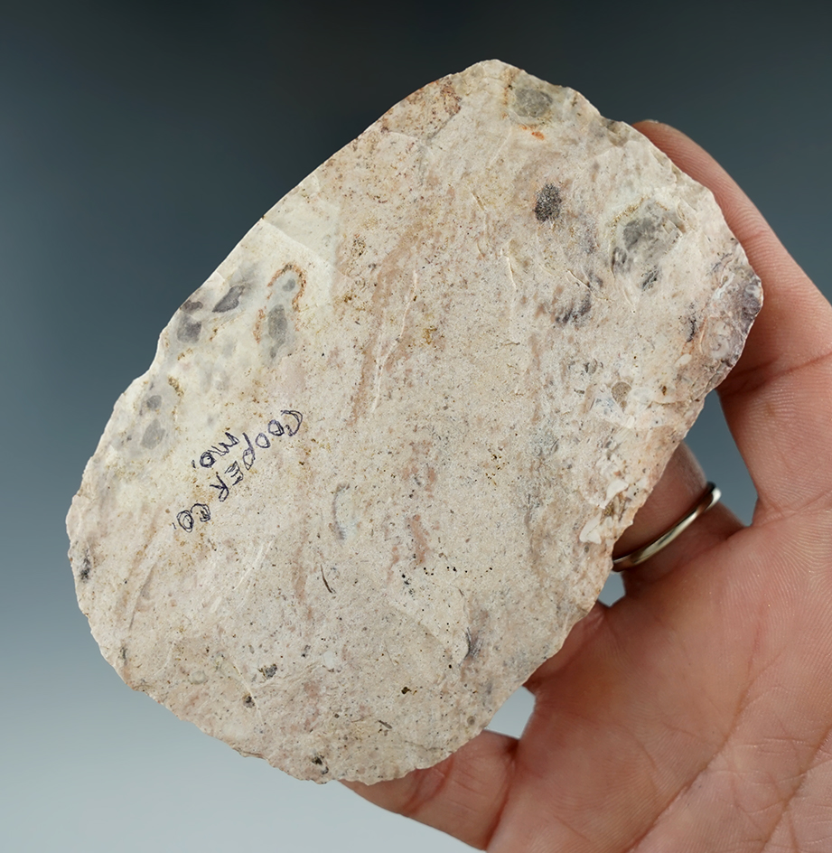 Nice 3 7/8" Flint Hoe made from colorful material found in Cooper Co., Missouri.