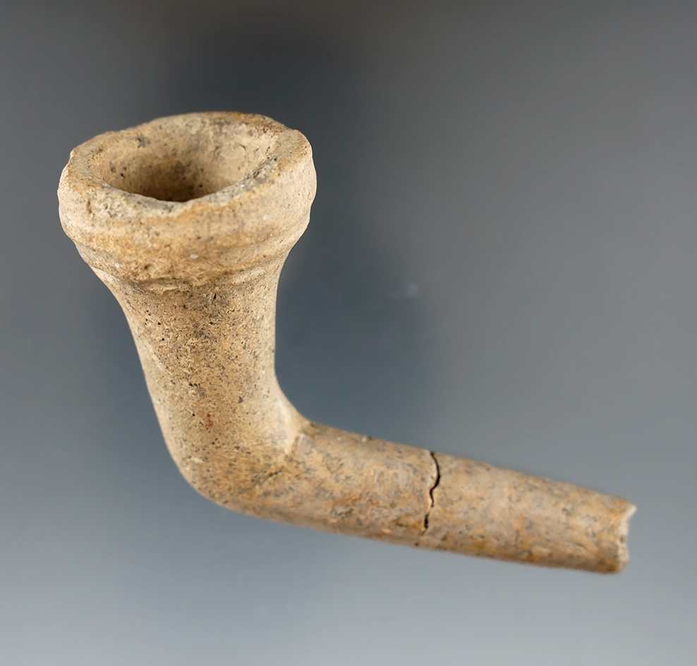 3 1/2" Iroquois clay Ring Bowl Pipe - Hamburg, Erie Co., NY. Stem has some restoration.