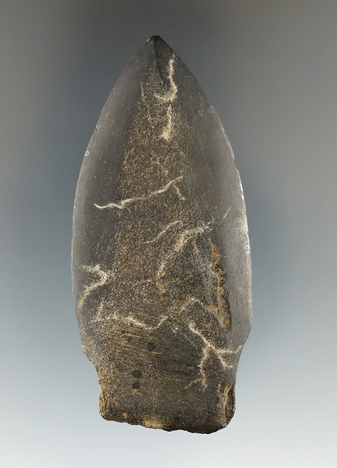 Well-crafted 2 13/16" Inuit slate stemmed harpoon tip/spear point found in Alaska.