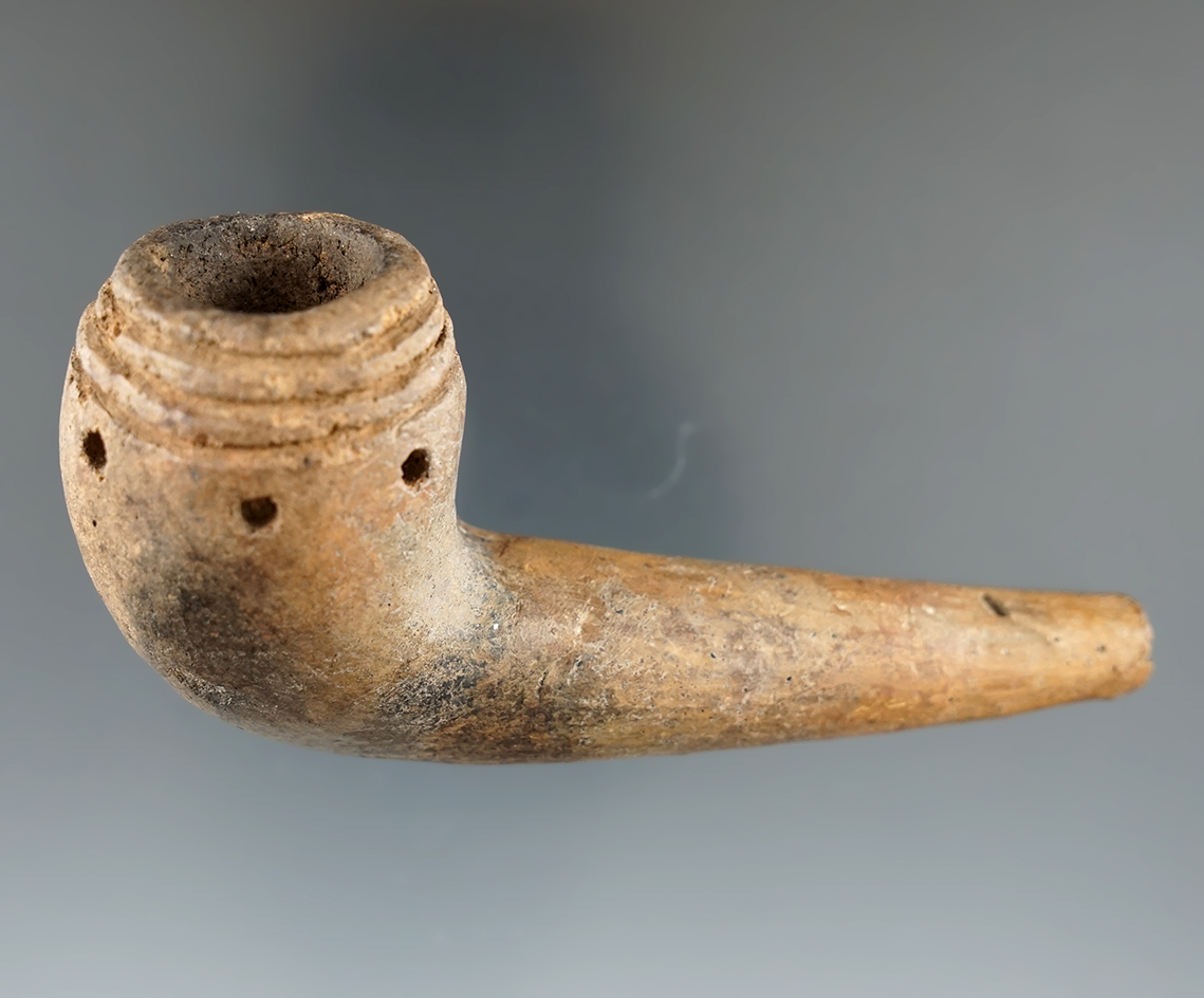 3 3/4" early Iroquois Ring Bowl Pipe with punctate design - partial restoration to stem. NY