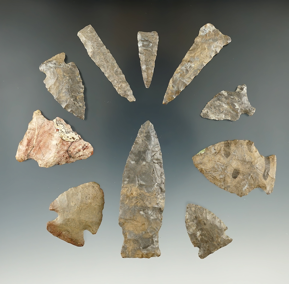 10 assorted arrowheads, one is restored found at Salamanca Creek, Cattaraugus Co., NY.