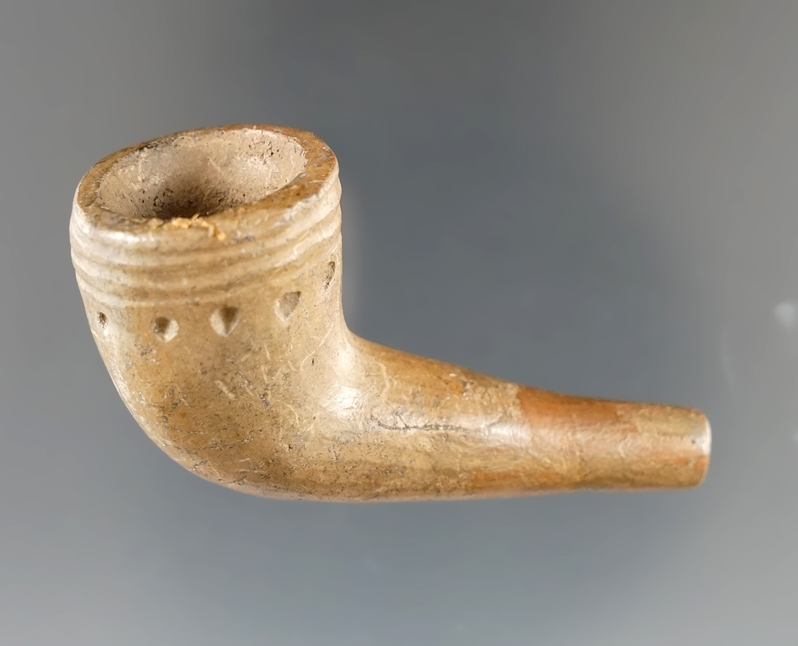 2" long miniature clay Ring Bowl Iroquois Pipe with punctate design around bowl - New York.
