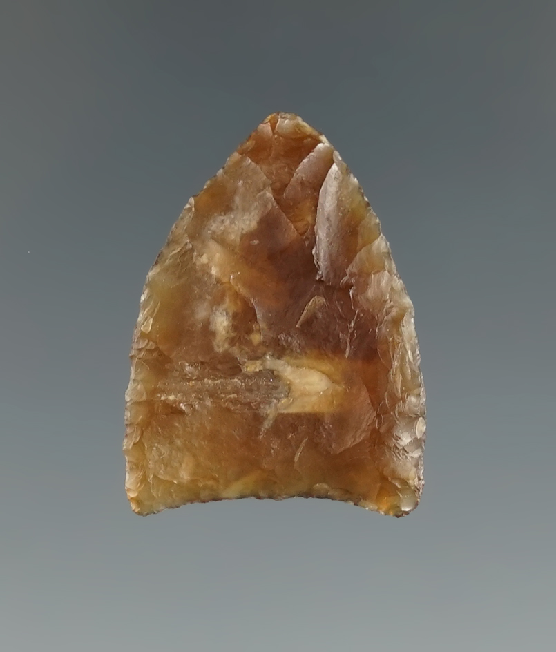 1 1/16" Knife River Flint Paleo Folsom found by Harlan Olson in Kingsbury Co., South Dakota.
