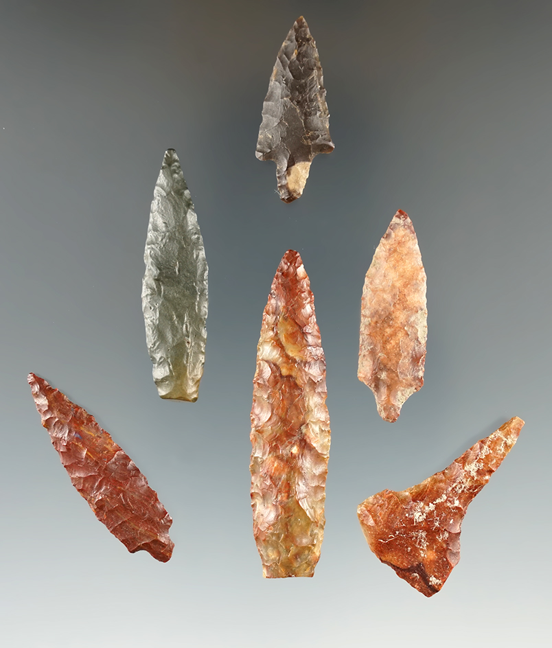 Six Columbia River points and tools found in Washington, largest is 2 1/16".