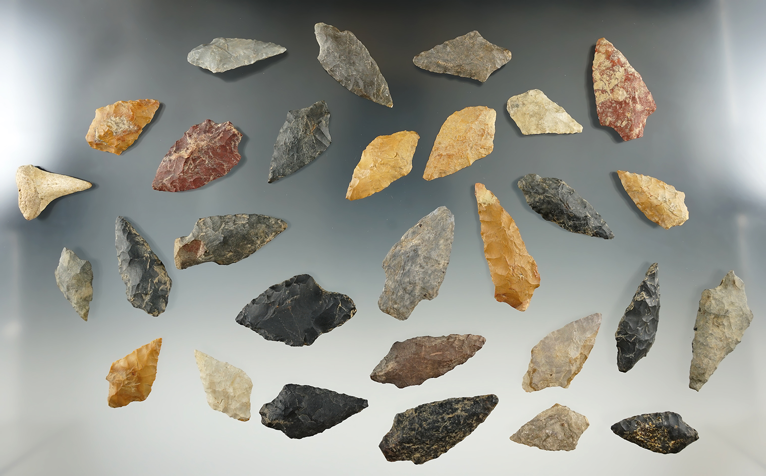 Group of 28 assorted arrowheads and one worked sharks tooth, largest is 1 7/8". Found in New Jersey