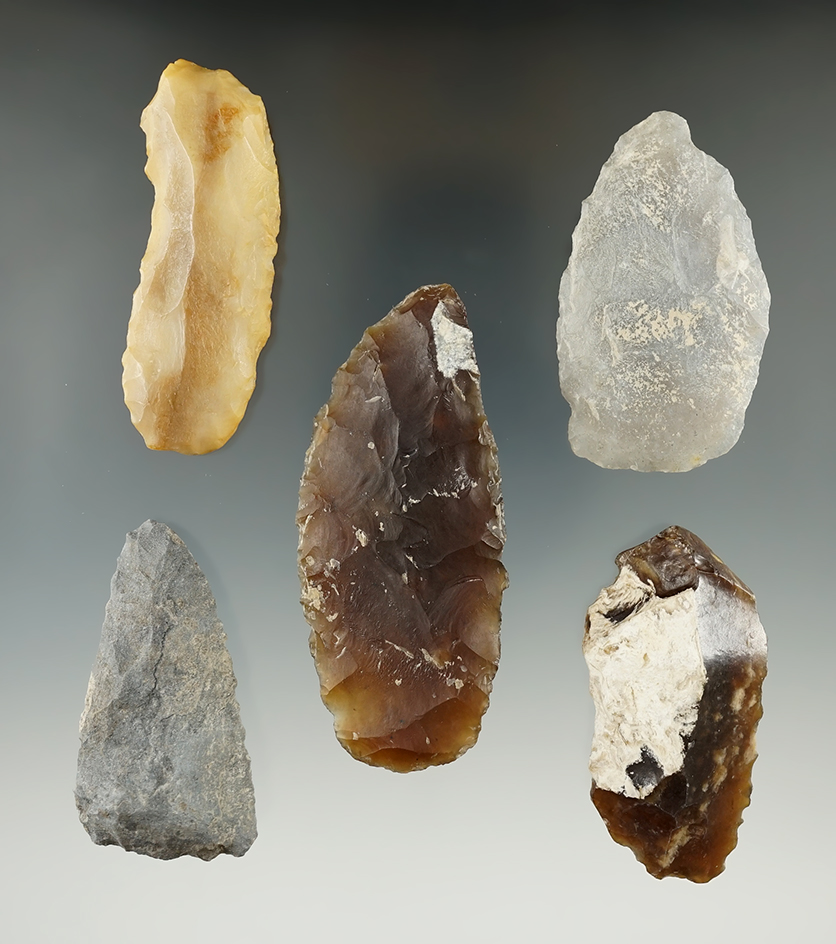 Group of five assorted knives and tools found in Eastern South Dakota, largest is 3 3/16".