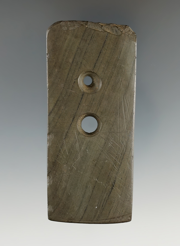 3 3/8" banded slate gorget found in Honeoye, New York with some damage to one end. Ex. Henry Schloff