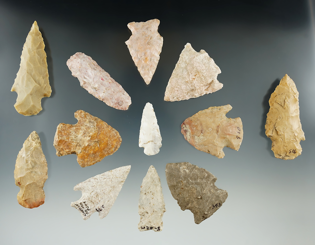 Set of 12 assorted Flint artifacts found in Missouri, largest is 2 5/8".
