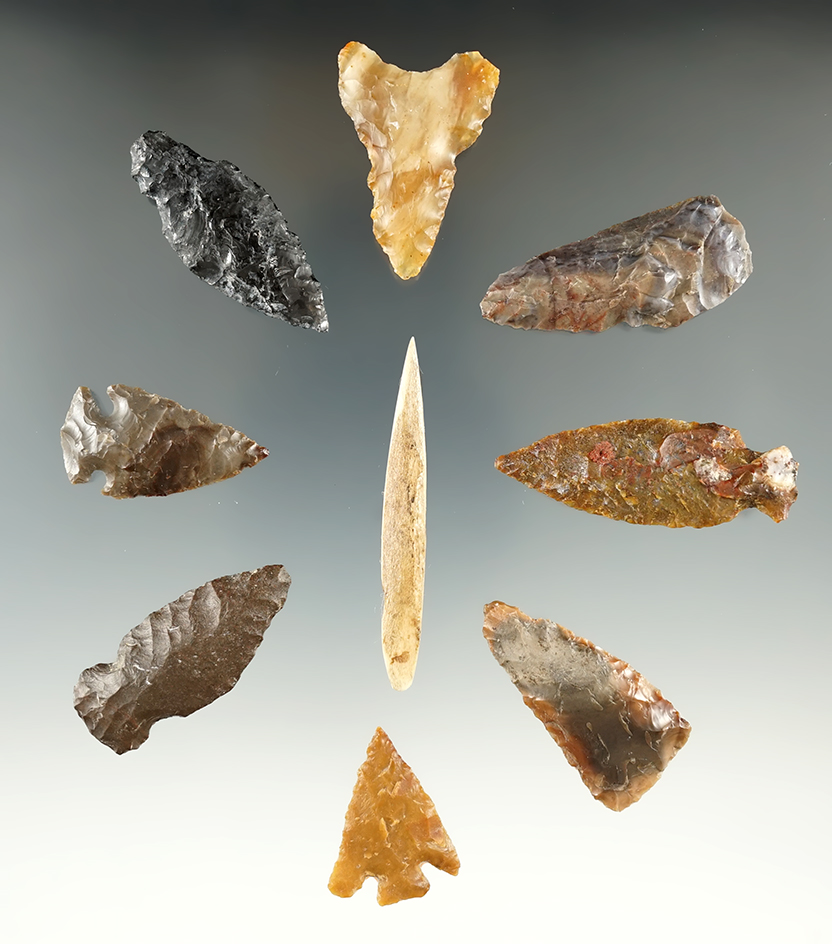 Set of 8 Flint arrowheads and one bone projectile point found near the Hood River, Oregon.