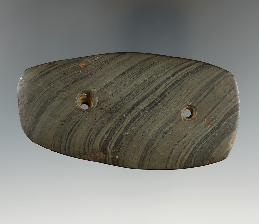 3 3/4" banded slate Gorget found on the Benjamin farm in Allegheny Co., New York.