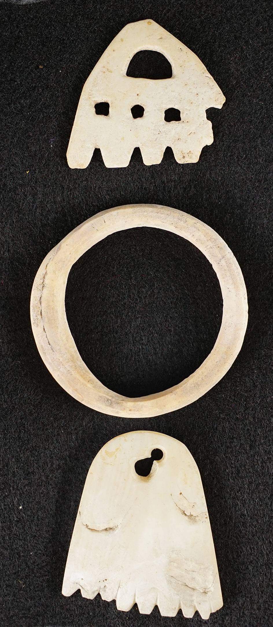 Set of three shell ornaments from the Historic Era. Circa 1880-1900. Largest is 2 1/2".