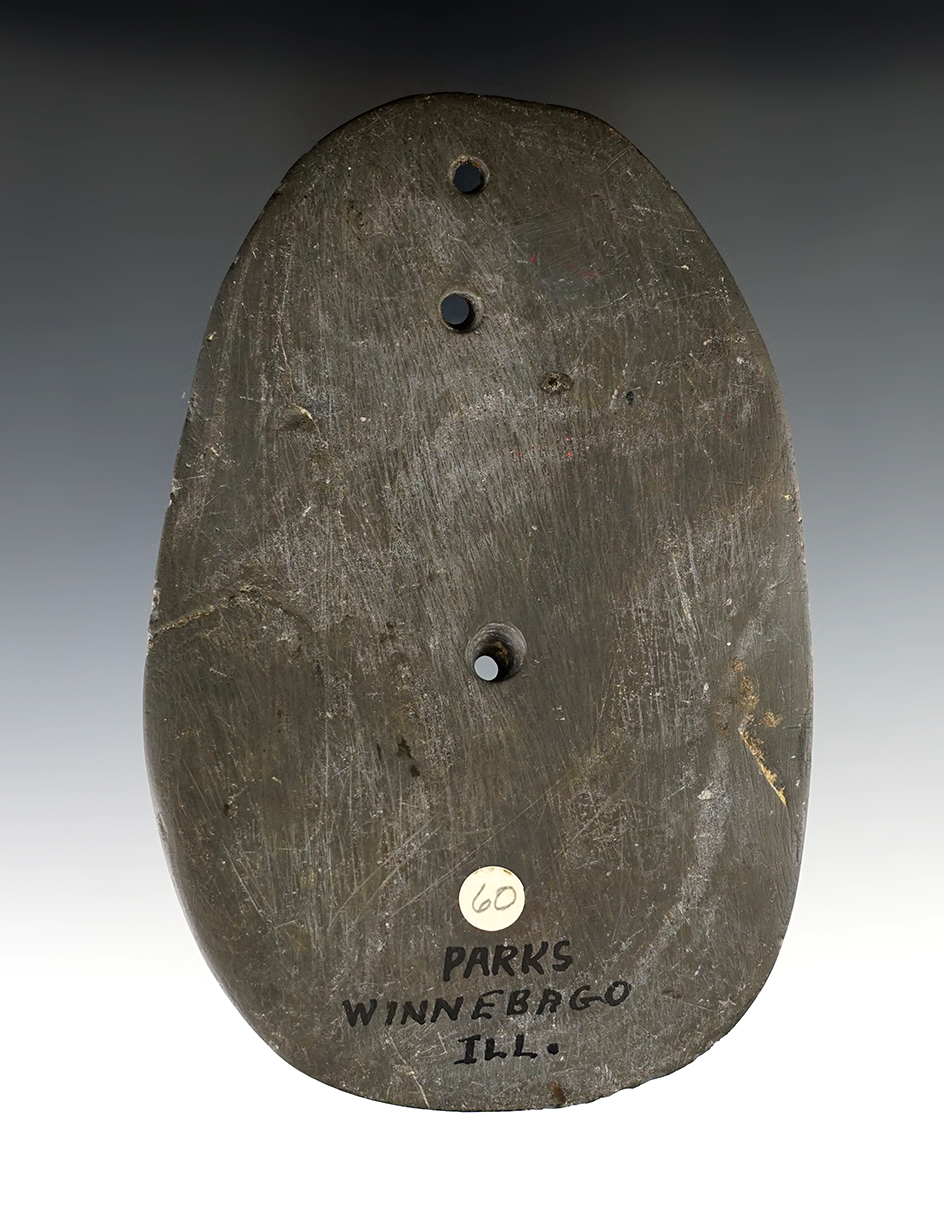 Large 5 3/16" Three-hole Glacial Kame Gorget found in Winnebago, Illinois. Ex. Cameron Parks.