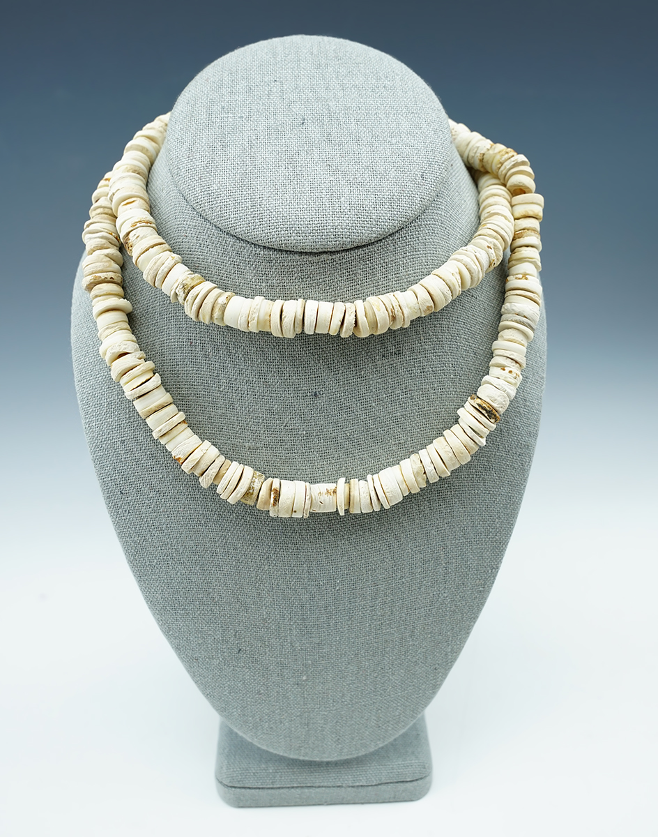 Nice 30" strand of drilled Iroquois shell beads recovered in Colusa Co., California, by Chris Ehrke.