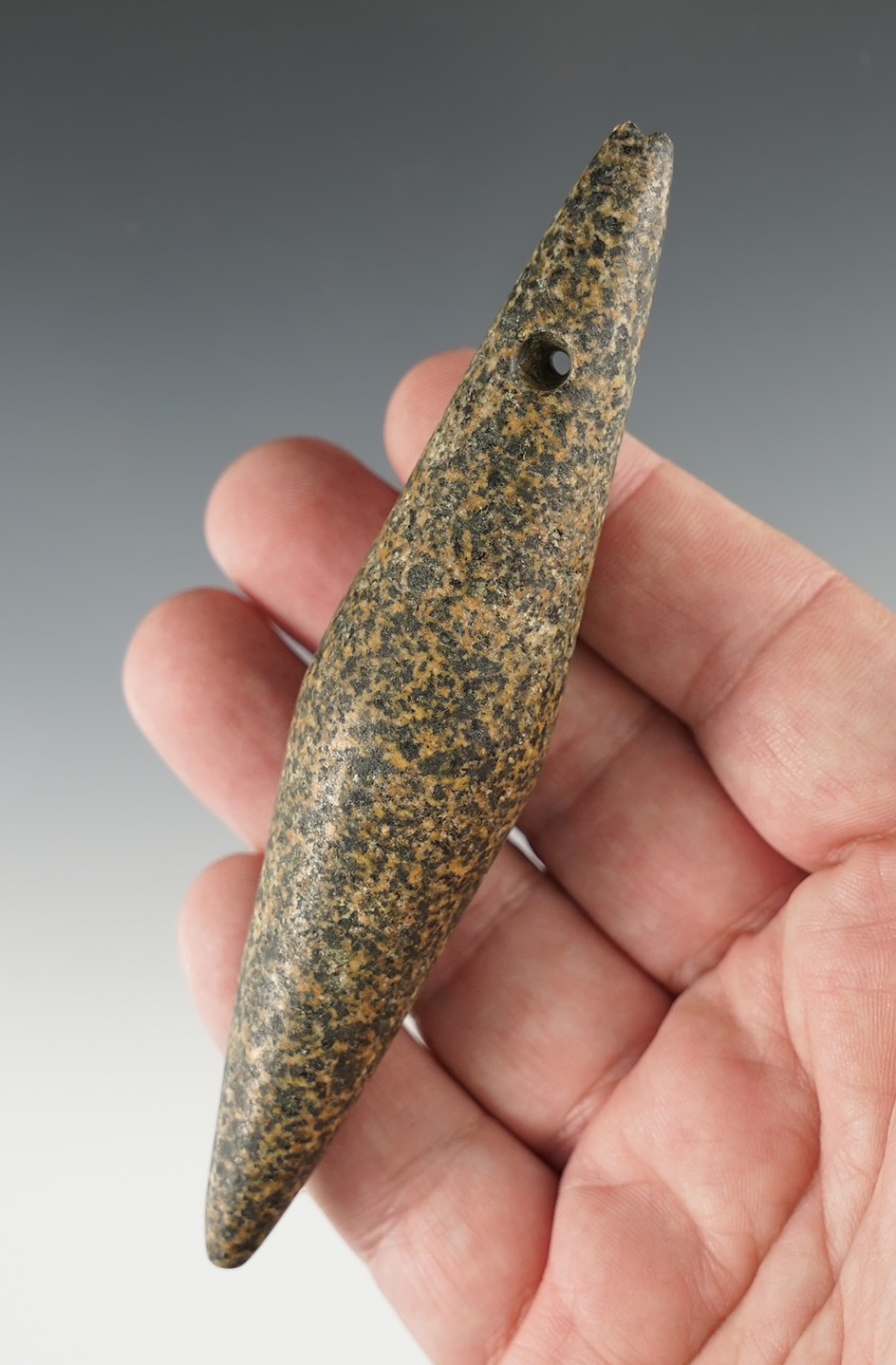 Exceptional craftmanship 4 7/8" drilled Hardstone Charmstone recovered in Colusa Co., California