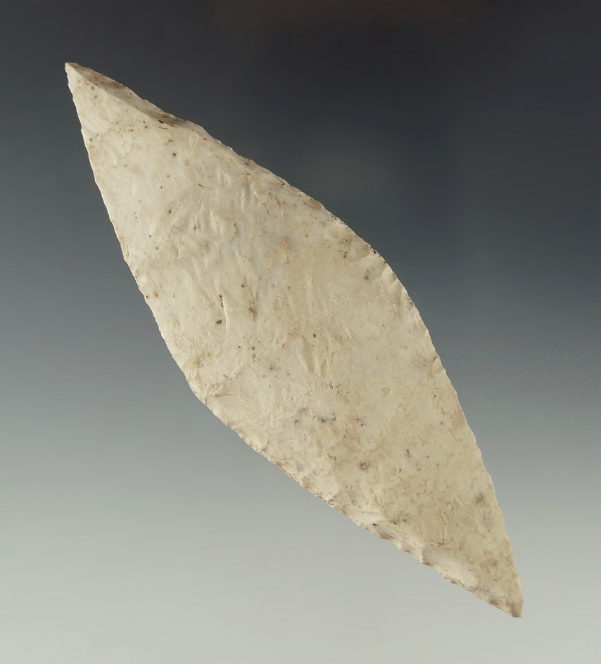 Steeply beveled 4 1/4" Harahey Knife found in Otero Co., New Mexico. Ex. Charlie Shewey.