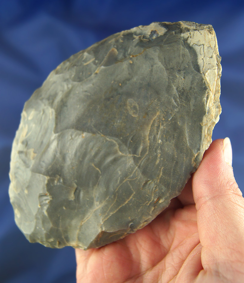 Heavily patinated 4 11/16" Hornstone Cache Blade found in Indiana.