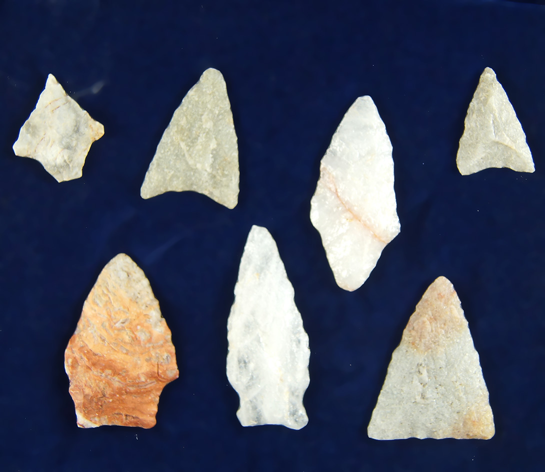 Set of seven assorted Virginia Arrowheads, largest is 2".