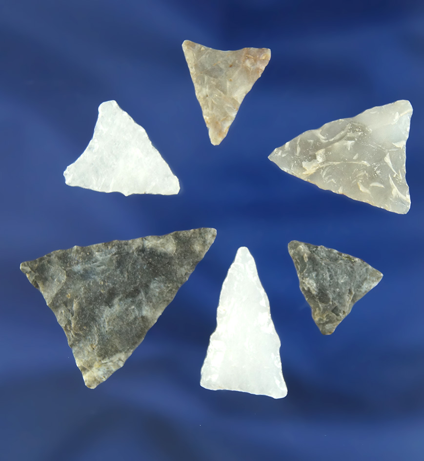 Set of six nice Triangle points found in Virginia, largest is 1 1/4".
