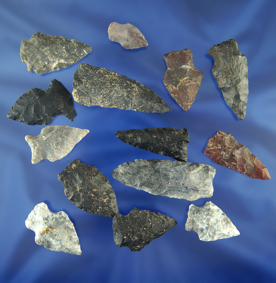 Group of 14 assorted Arrowheads found in Virginia, largest is 2".