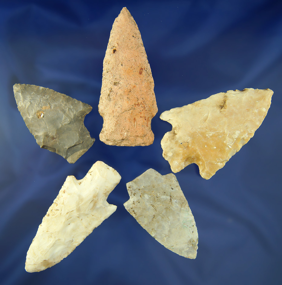 Set of five assorted Missouri Flint Knives, largest is 3".