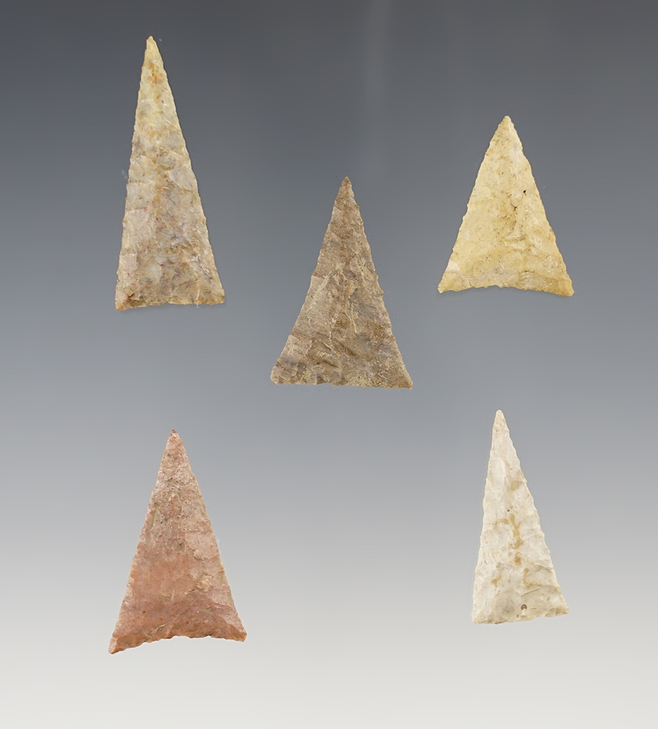 Set of 5 well made Triangle Points found in the Kentucky/Tennessee area. The largest is 1 7/16".
