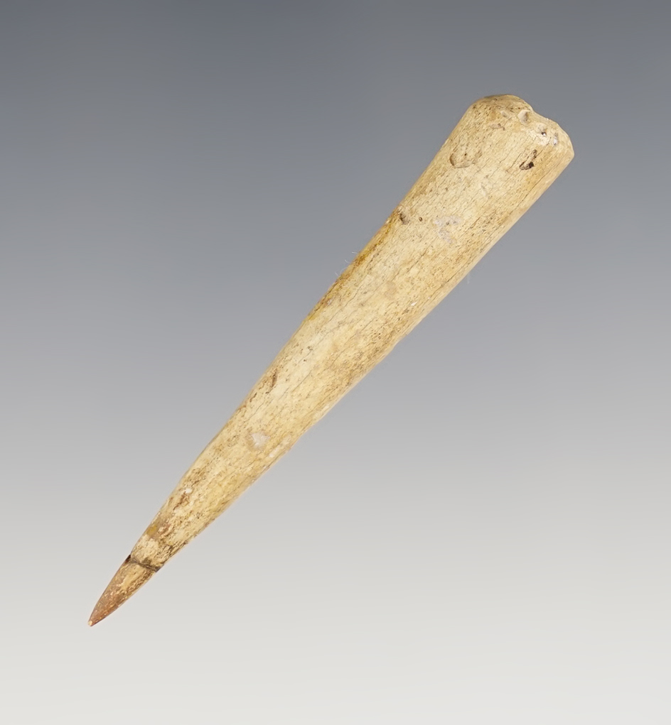 2 11/16" Socketed Conical Bone point found close to Lamoka Lake, Schuyler Co., New York. Glued
