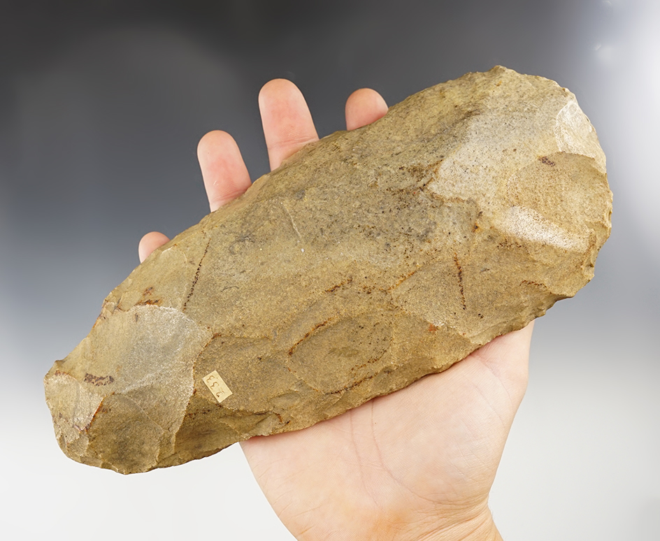 Large 8 3/8" heavily patinated Flint Hoe w. Nice use polished to bit area. Found in Indiana.