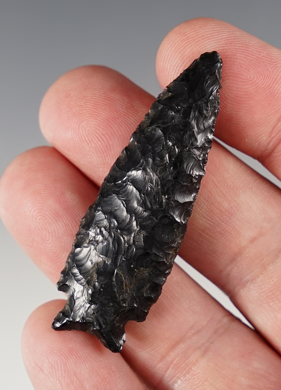 Exceptional flaking on this 2 3/16" Obsidian Cornernotch - Oregon. Ex. C. L. Pugh Museum.