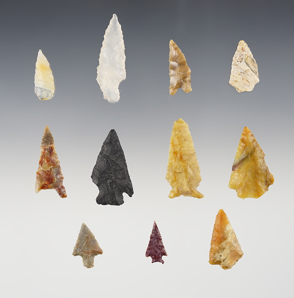 Group of 11 assorted Arrowheads found near the Columbia River, Klickitat Co., Washington. 