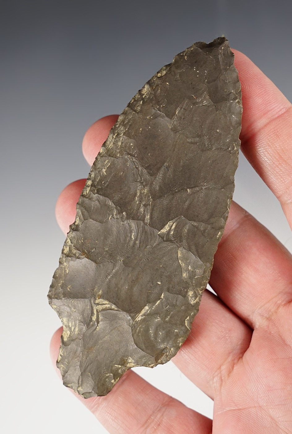 4 5/16" Adena found in Cayuga Co., New York. Made from patinated Onondaga Chert.