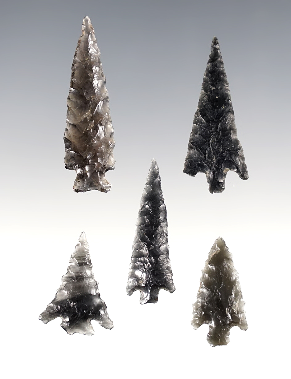 Set of 5 Obsidian Points - Oregon. Largest is 1 5/8". Ex. C.L. Pugh Museum.