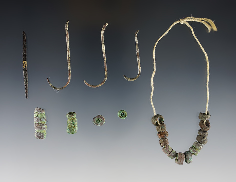 Set of assorted metal artifacts including beads and fish hooks -Montcalm Co., Michigan.