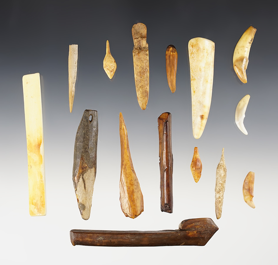 Set of 15 assorted artifacts and teeth. Found in Alaska. The largest is 4".