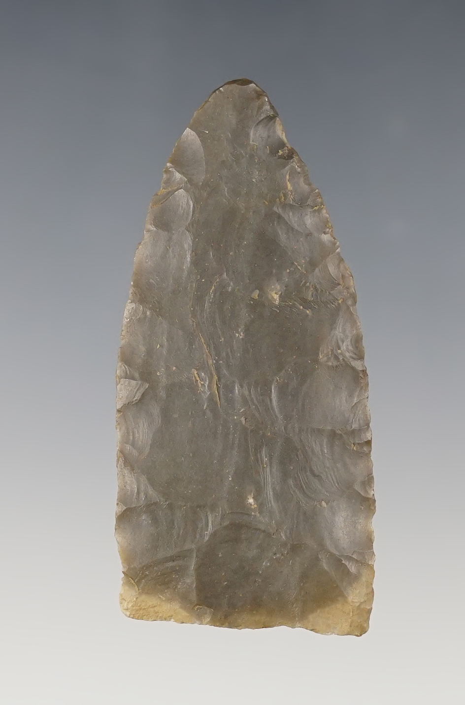 2 1/4" Thin Woodland Triangular Knife - Wabash Co., Illinois with an anciently salvaged tip. 