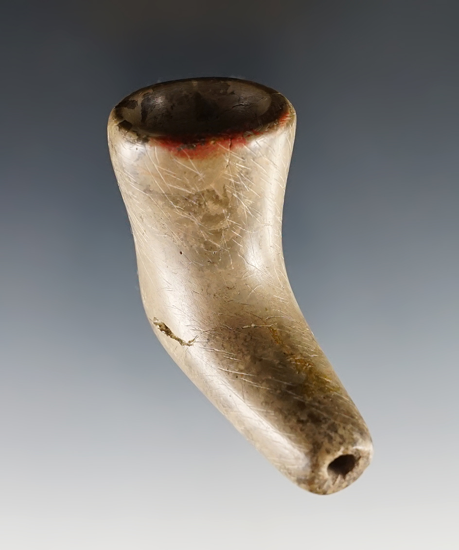 Nicely styled 1 3/4" tall Pipe. Broken/glued. Found in Wallendas Twp., Wood Co., Ohio.