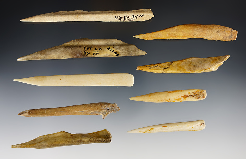 Set of 9 Bone Awls found in Taylor Co., Kentucky. Ex. Converse. The largest is 4 3/8".